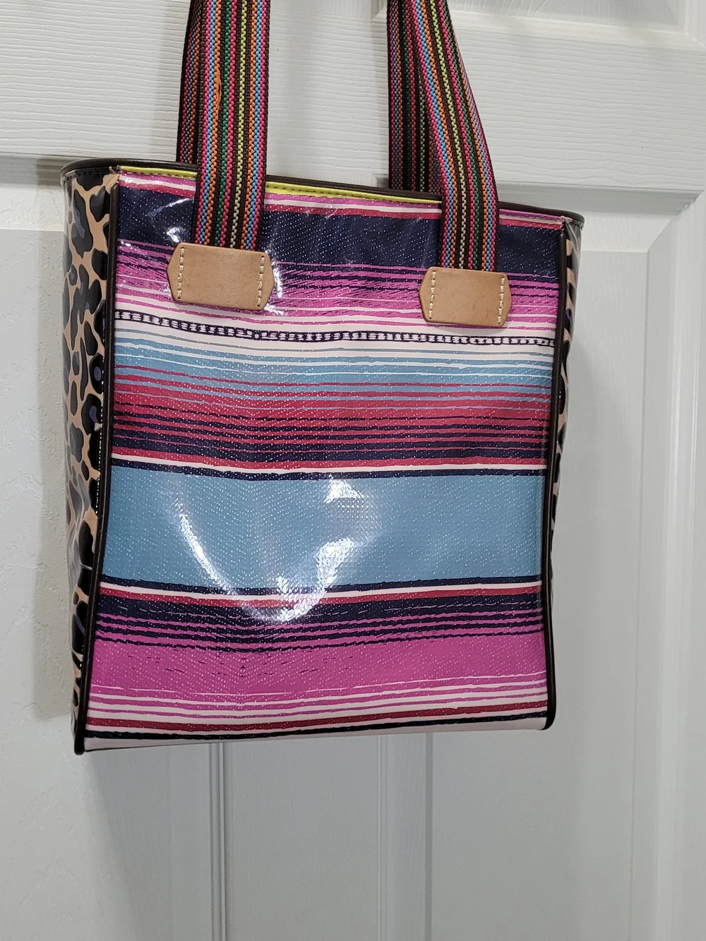 CONSUELA Striped Pink & Blue Tote Bag with Leopard Side Panel